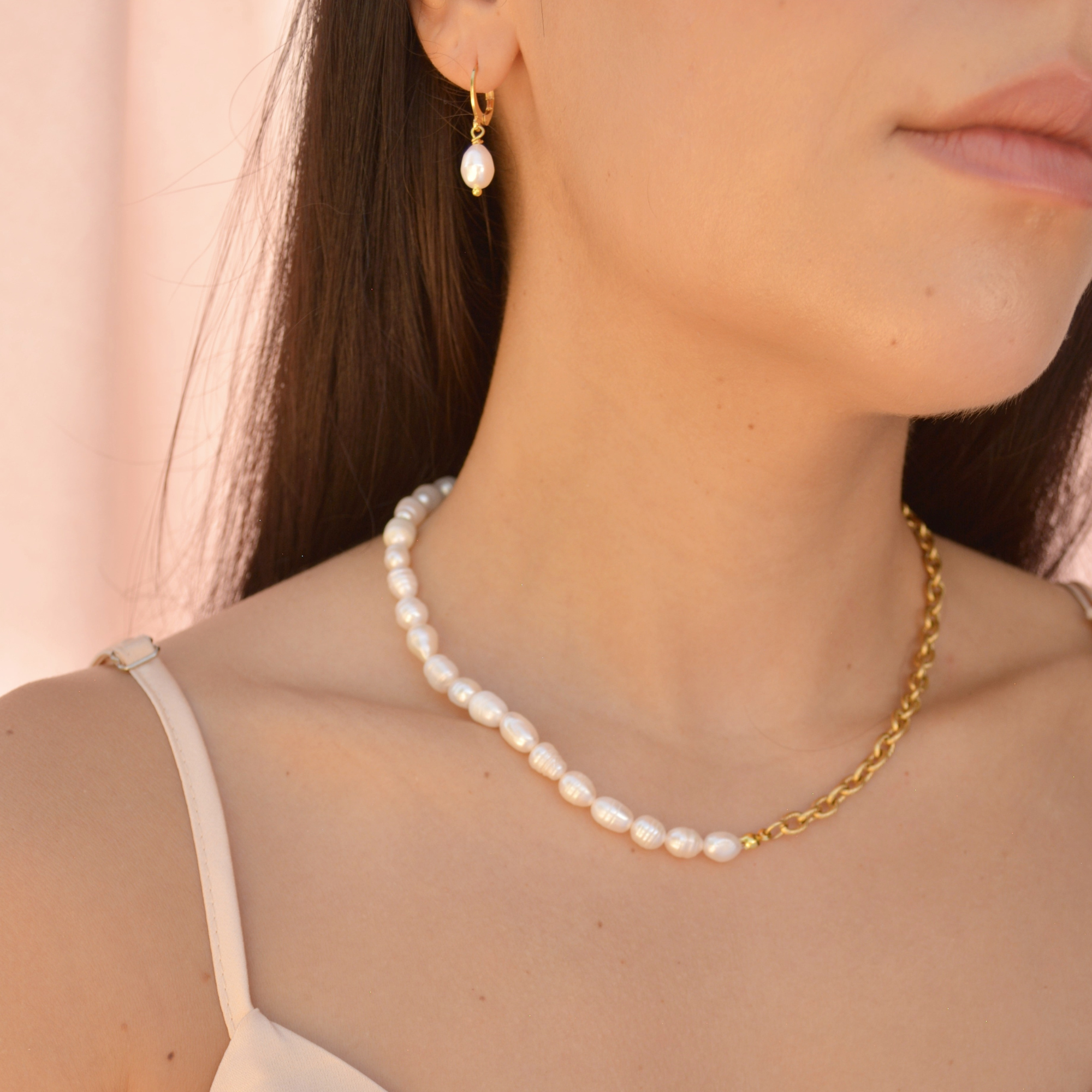 Half & Half Pearl and Chain Necklace