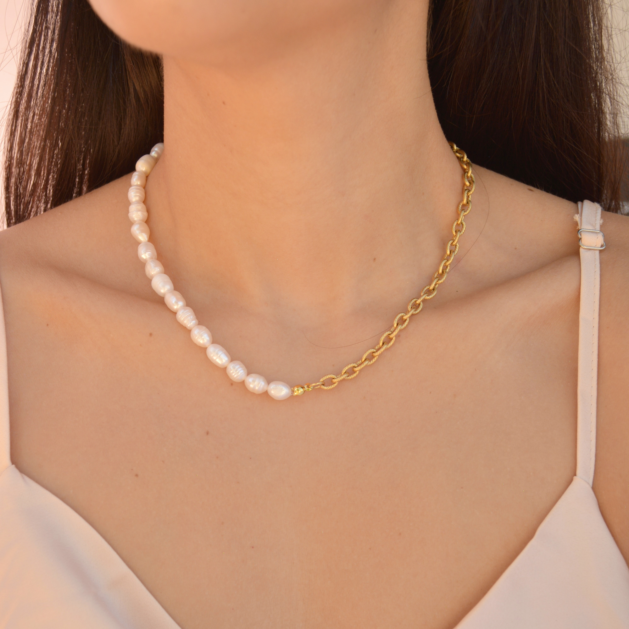 Half & Half Pearl and Chain Necklace